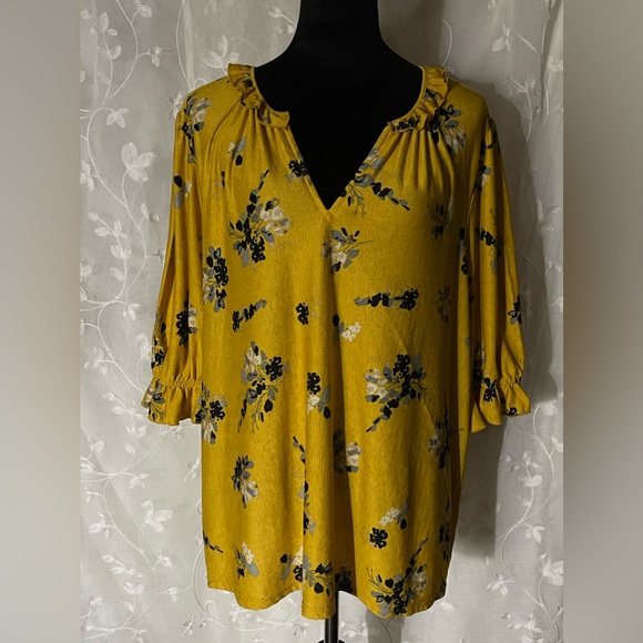 Melloday Top Women’s Sunflower Yellow Floral V-Neck Ruffled Sleeve Pullover 2X - Picture 3 of 8